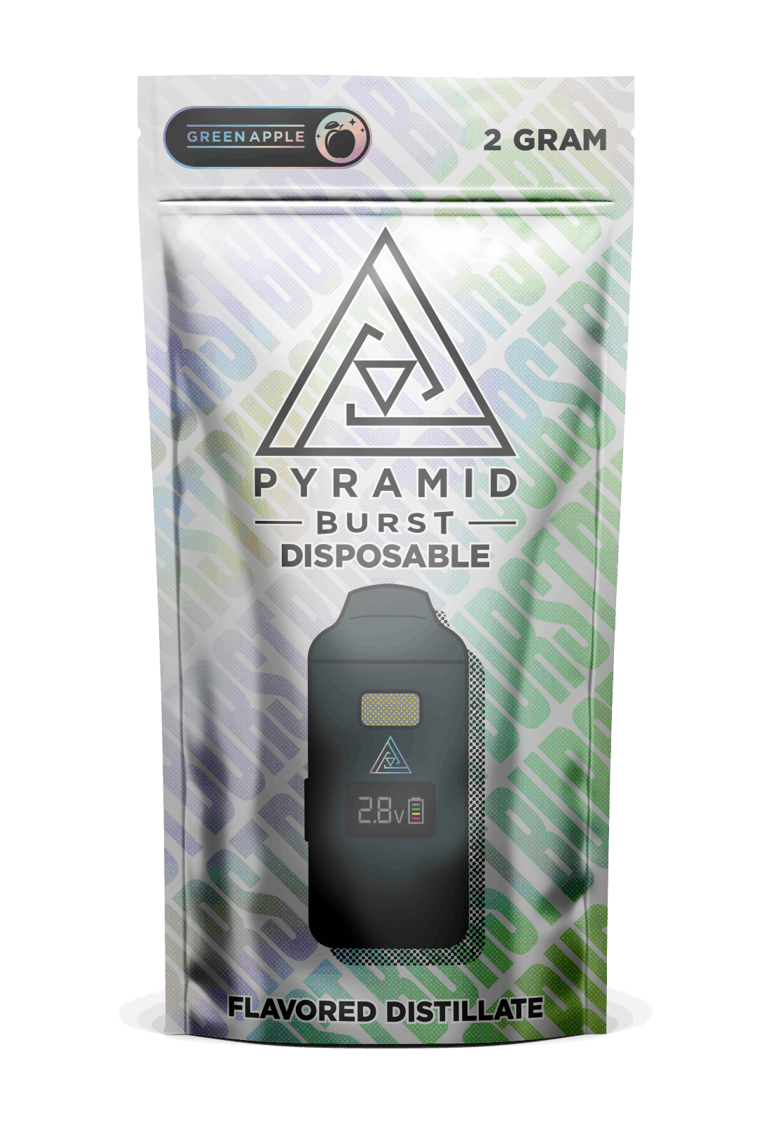 Pyramid_Burst_GreenApple_2G_Disposable Pyramid Burst disposable 2G vape - green apple flavored distillate